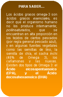 Rectángulo redondeado: PARA SABER…    Los ácidos grasos omega-3 son ácidos grasos esenciales, es decir que el organismo humano no los produce internamente; poliinsaturados, que se encuentran en alta proporción en los tejidos de ciertos pescados (por regla general pescado azul), y en algunas fuentes vegetales como las semillas de lino, la semilla de chía, el sacha inchi (48% de Omega 3), los cañamones y las nueces.  Existen dos tipos de Omega 3: el Ácido eicosapentaenoico (EPA), y el Ácido docosahexaenoico (DHA)    
