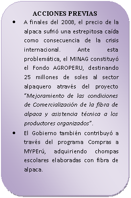 Rectángulo redondeado: ACCIONES PREVIAS  •	A finales del 2008, el precio de la alpaca sufrió una estrepitosa caída como consecuencia de la crisis internacional. Ante esta problemática, el MINAG constituyó el Fondo AGROPERU, destinando 25 millones de soles al sector alpaquero através del proyecto “Mejoramiento de las condiciones de Comercialización de la fibra de alpaca y asistencia técnica a los productores organizados”.  •	El Gobierno también contribuyó a través del programa Compras a MYPErú, adquiriendo chompas escolares elaboradas con fibra de alpaca.    