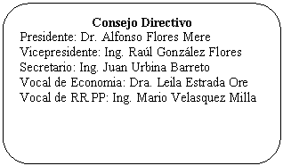 Rectángulo redondeado: Consejo Directivo  Presidente: Dr. Alfonso Flores Mere  Vicepresidente: Ing. Raúl González Flores  Secretario: Ing. Juan Urbina Barreto  Vocal de Economia: Dra. Leila Estrada Ore  Vocal de RR.PP: Ing. Mario Velasquez Milla    
