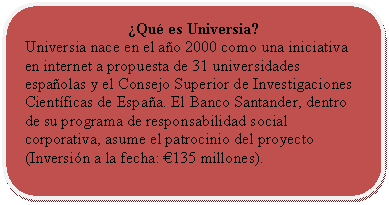 Rectángulo redondeado: ¿Qué es Universia? Universia nace en el año 2000 como una iniciativa en internet a propuesta de 31 universidades españolas y el Consejo Superior de Investigaciones Científicas de España. El Banco Santander, dentro de su programa de responsabilidad social corporativa, asume el patrocinio del proyecto (Inversión a la fecha: €135 millones).