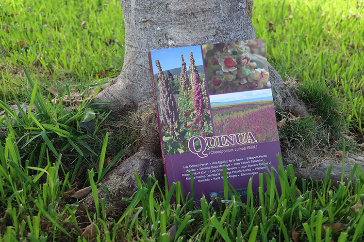 Portada del libro Quinua de la UNALM apoyada sobre el tronco de un árbol y césped.