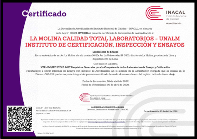 Certificado de acreditación de INACAL como Organismo de Certificación de Productos para LA MOLINA CALIDAD TOTAL LABORATORIOS