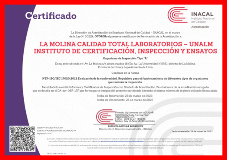 Acreditación de INACAL que certifica a la institución como Organismo de Inspección Tipo A bajo estándares de calidad