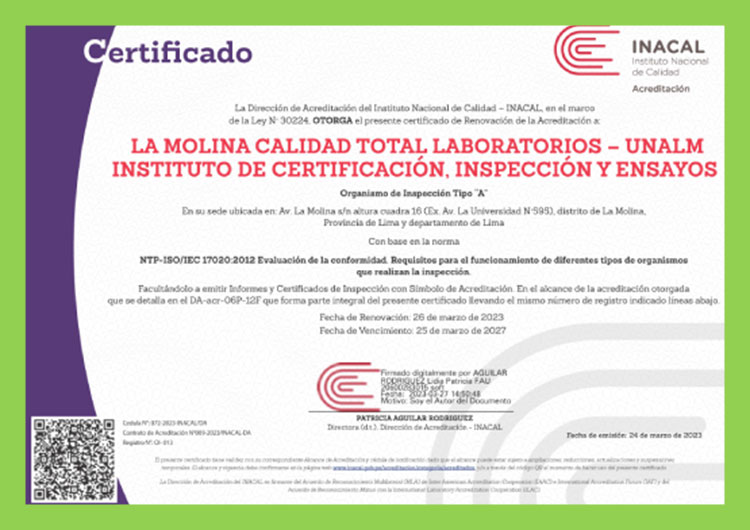 Certificado de INACAL que acredita el Laboratorio de Ensayo para el control de calidad en productos del sector alimenticio